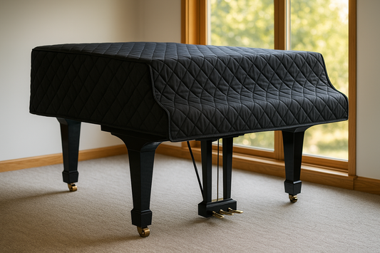 Grand piano with a breathable quilted piano cover protecting it from sunlight and humidity — American Piano Covers™