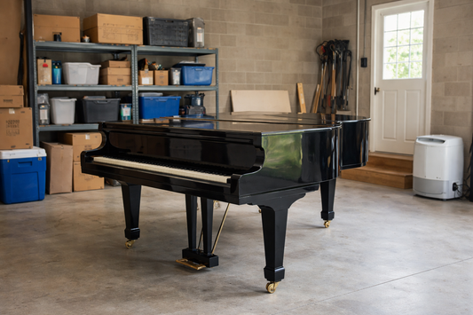 Black grand piano stored in a clean garage with shelving, boxes, and a dehumidifier in the background