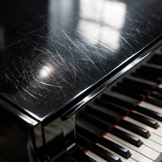 Scratches and swirls on a high polish black grand piano finish.
